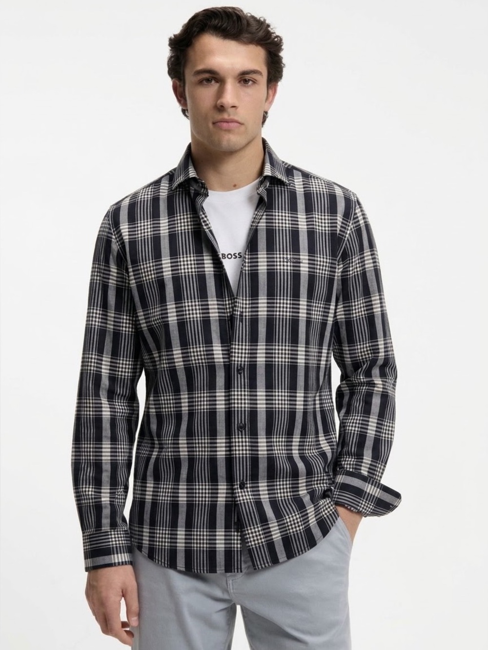 HUGO BOSS Men's Jason Slim Fit Stretch Plaid Button-up Shirt, Navy/ White, Sz 16